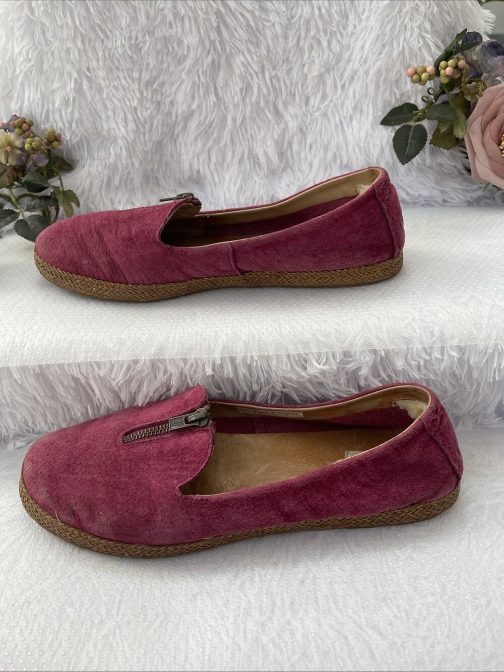 UGG Pink Suede Zip Front Flats Loafers Espadrille Trim Women’s Size 10 EU 41